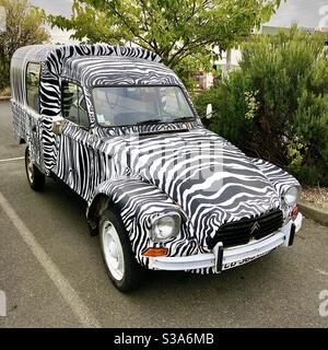 Renault 4L Camionette (small van) with black and white Zebra stripe pattern custom paintwork - France. Stock Photo