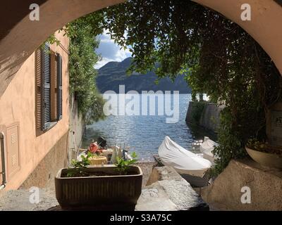 Window on the lake. Mandello del Lario, Italy Stock Photo