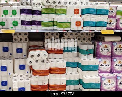 Toilet paper in stock at UK Morrison’s supermarket aisle Stock Photo