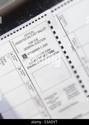 Close up of an official military absentee ballot for the 2020 general election, United States Stock Photo