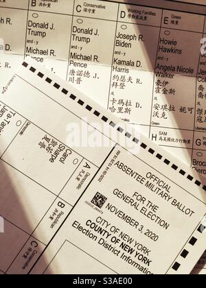 Close up of an official absentee military ballot for the general election of President of the United States, 2020, trump versus Biden Stock Photo