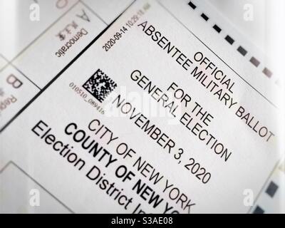 Close up of an official absentee military ballot for the general election, November 3, 2020, New York City, United States Stock Photo