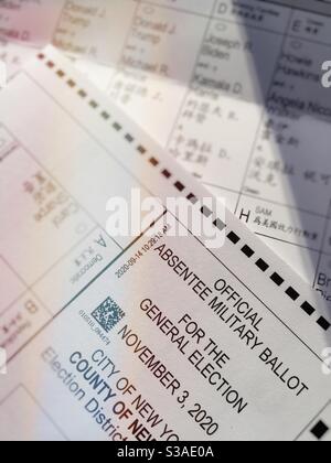 Close up of official absentee military ballot for the general election, November 3, 2020, New York City, United States Stock Photo