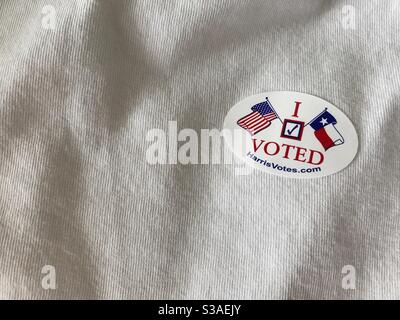 “I Voted” sticker from Harris county early voting on Houston, Texas, United States. October, 2020 Stock Photo