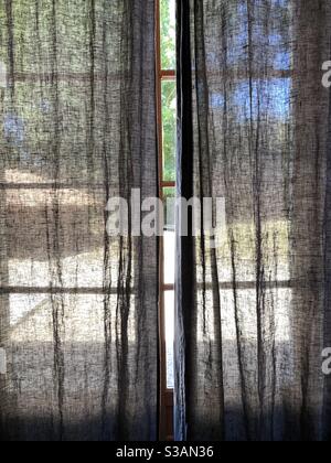 Looking out through very thin curtains Stock Photo