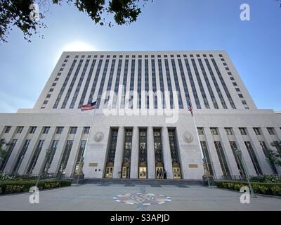 LOS ANGELES, CA, JUL 2020: looking up at Los Angeles County Sheriff's Department and United States Court House, Hall of Justice, in Downtown Stock Photo