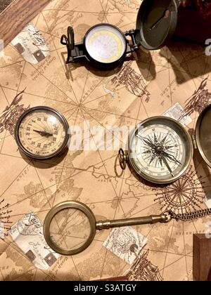 Antique map and compass overhead still life Stock Photo