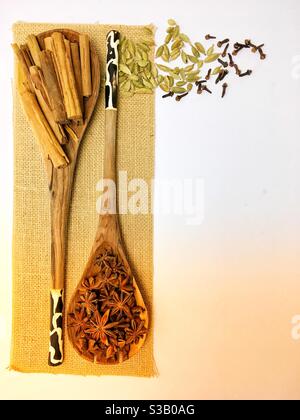 cinnamon stick, star anise, cardamon and clove in wooden sppons on jute texture, minimalistic Stock Photo
