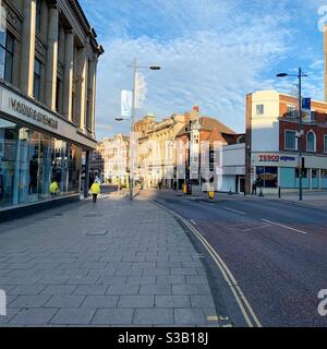 Norwich city centre, showing Marks & Spencer and Tesco express. The high street is empty following the second lockdown due to Coronavirus, 5/11/20 Norwich UK. Stock Photo