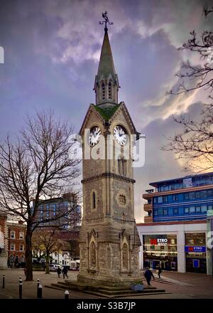 The clock tower in Aylesbury’s Market Square on a lockdown Sunday in November Stock Photo