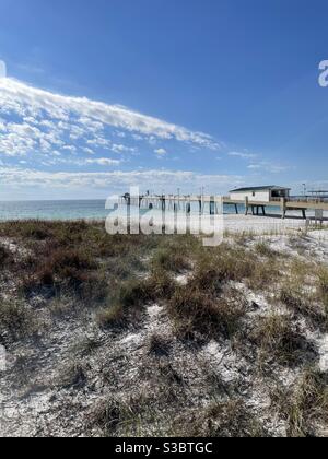 Upper view of the Okaloosa public fishing pier on an autumn day Emerald Coast Florida Stock Photo