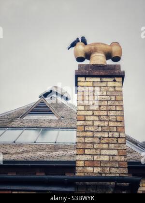 Two crows sitting on top of an old brick chimney. Stock Photo