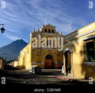 Early morning peace on the cobblestone streets of Antigua, Guatemala Stock Photo