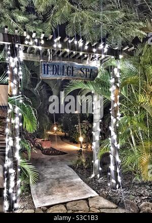 A spa entrance all lit up for Christmas in Antigua Stock Photo