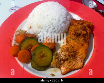Teriyaki salmon with vegetables and boiled rice. Stock Photo