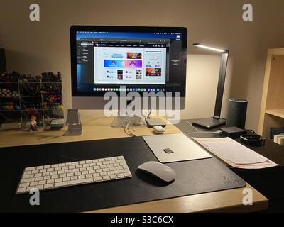 Home Office with computer and desk accessories Stock Photo