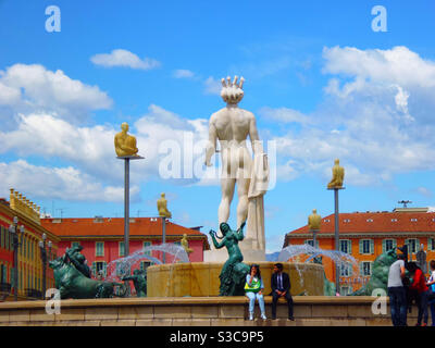 Place Massena Nice, Apollo statue and sitting sculptures Stock Photo