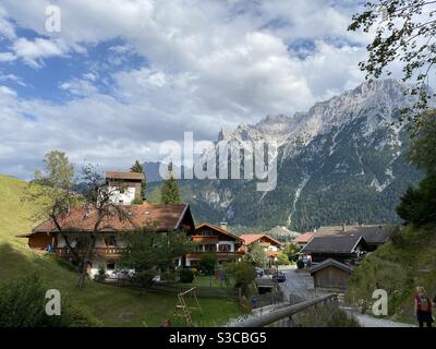 Alpine view with traditional houses in German town Mittenwald. Stock Photo