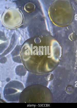 Abstract oil and water bubbles on blue background Stock Photo