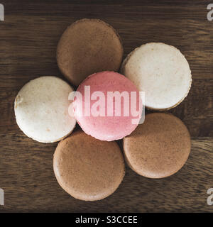 Colourful homemade french macaroons or macarons from above arranged in a flower shape in a food background with copy space Stock Photo