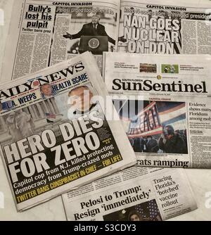 Collage of US newspaper headlines following the January 6, 2021 US Capitol insurrection by pro Trump rioters. Stock Photo