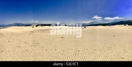 Footprints in the sand among the wind carved ridges along the desolated deep sandy Patara beach on the coast of Turkey in summer Stock Photo