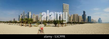 Panoramic on the beach at JBR Dubai with marina skyline Stock Photo
