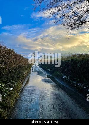 Wintery country lane, January. Stock Photo