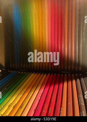 A rainbow of colored pencils reflected in the metal case. Stock Photo