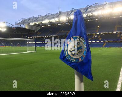 The corner flag at Stamford Bridge, home of Chelsea Football Club Stock Photo