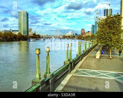 Summertime view along the River Thames from Vauxhall Bridge, looking towards the City. Stock Photo