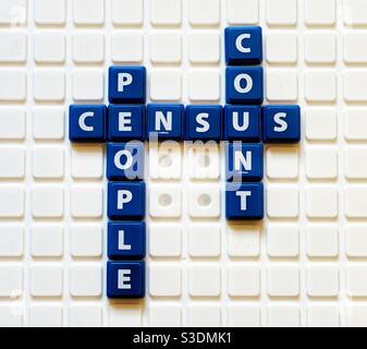 The words census, count and people spelt out using tiles Stock Photo