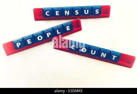 The words census, people, count spelt out using tiles. Stock Photo