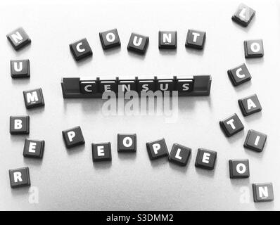 The words census, people, count, number, location spelt out using tiles Stock Photo