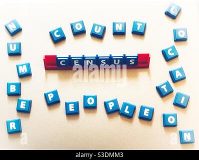 The words census, people, count spelt out using tiles Stock Photo