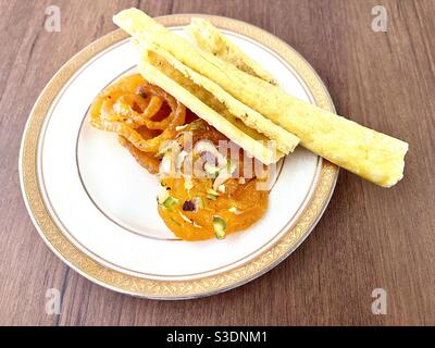 Jalebi and fafda- A popular Gujarati dish Stock Photo