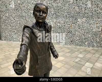 A life-size statue of Greta Thunberg at the West Downs campus at the University of Winchester in Hampshire, England. Stock Photo