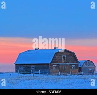 Two barns, sunrise, contrast, big - little, Size matters Stock Photo