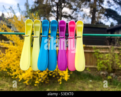 Colourful plastic clothes pegs clipped onto a clothes line together in a garden. Stock Photo