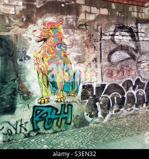 A Colourful Lion Graffiti by # Augustina Berlin on a Brick Wall in the Berlin District of Kreuzberg, Germany Stock Photo