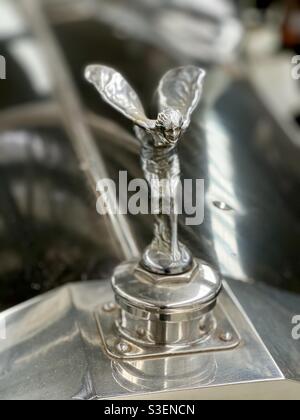 Close up portrait of the Flying Lady hood ornament on a vintage Rolls Royce at the National Transport Museum in Inverell, New South Wales, Australia Stock Photo