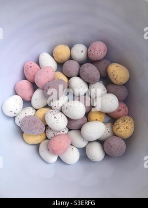 Bowl of Mini eggs Easter chocolate Stock Photo