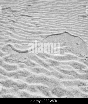 Wind blown sand patterns with the appearance of a dolphin in the sand Stock Photo