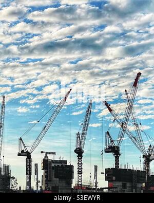 Cranes and construction site silhouettes against cloudy sky in Brisbane, Queensland, Australia Stock Photo