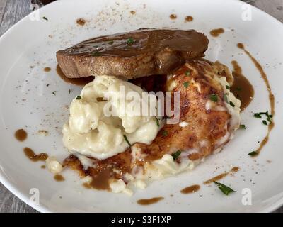 Beef steak or porc chop dish plate with potato or cauliflower purée and cheese gratin with sauce Stock Photo