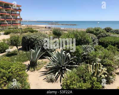 View of a garden or backyard from a balcony overseeing the Mediterranean Sea, with the beach and an orange building Stock Photo