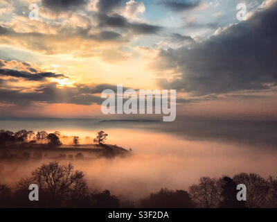 Morning mists taken from Glastonbury Tor on May 1st Stock Photo