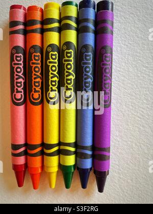 Crayola crayons arranged to represent the gay pride rainbow flag, USA Stock Photo