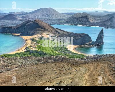 High angle scenic view of Bartolome Island with Santiago Island in the background, Galápagos Islands, Ecuador Stock Photo