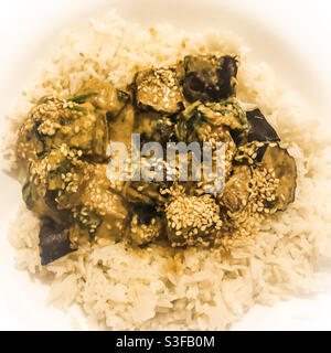 Aubergine Thai massaman curry with sesame seeds and basmati rice Stock Photo